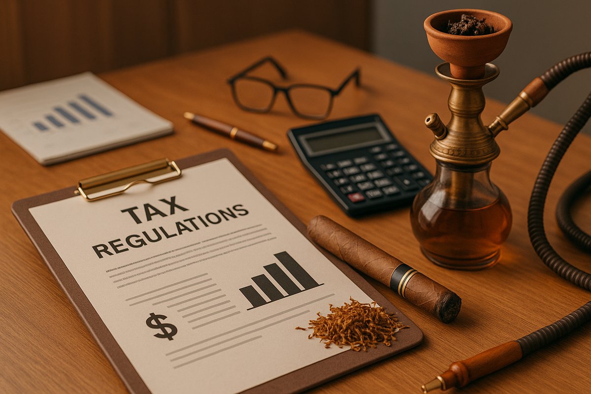 تصویر نیمهواقعگرایانه از قلیان و بستههای تنباکو روی میز به همراه اسناد و جداول مالی، نشاندهنده قوانین مالیات بر ارزش افزوده، عوارض تنباکو و مقررات مالیات تنباکوی قلیان در ایران برای آگاهی فعالان بازار و کسبوکارهای مرتبط