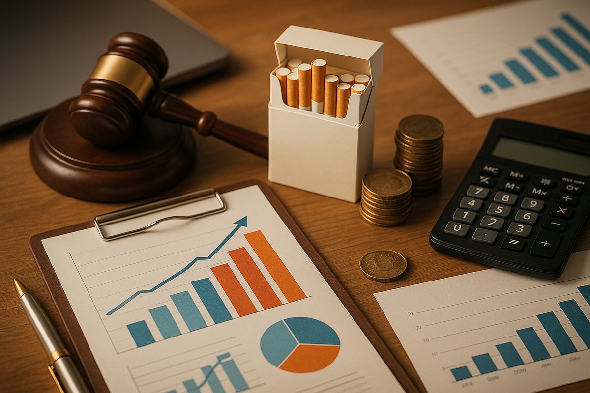 تصویر نیمهواقعگرایانه از نمودار افزایش مالیات تنباکو و کاهش مصرف سیگار در کنار نمادهای نظام سلامت و اقتصاد کلان؛ نشاندهنده نقش مالیات بر دخانیات در کاهش مصرف، کنترل بیماریهای قلبی و ریوی، تأمین منابع مالی دولت و حمایت از سیاستهای بهداشتی و اقتصادی پایدار