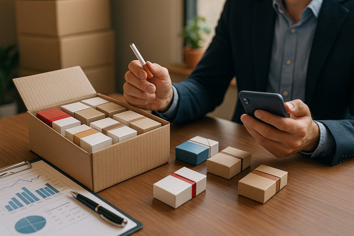 تصویر نیمهواقعگرایانه از صاحب سوپرمارکت که در حال مقایسه لیست قیمت و شرایط تسویه چند پخش سیگار محلی و سراسری است؛ بررسی تخفیف حجمی، تنوع برند سیگار و ضمانت تأمین مداوم برای انتخاب بهترین پخش سیگار مناسب سوپرمارکتهای کوچک و بزرگ