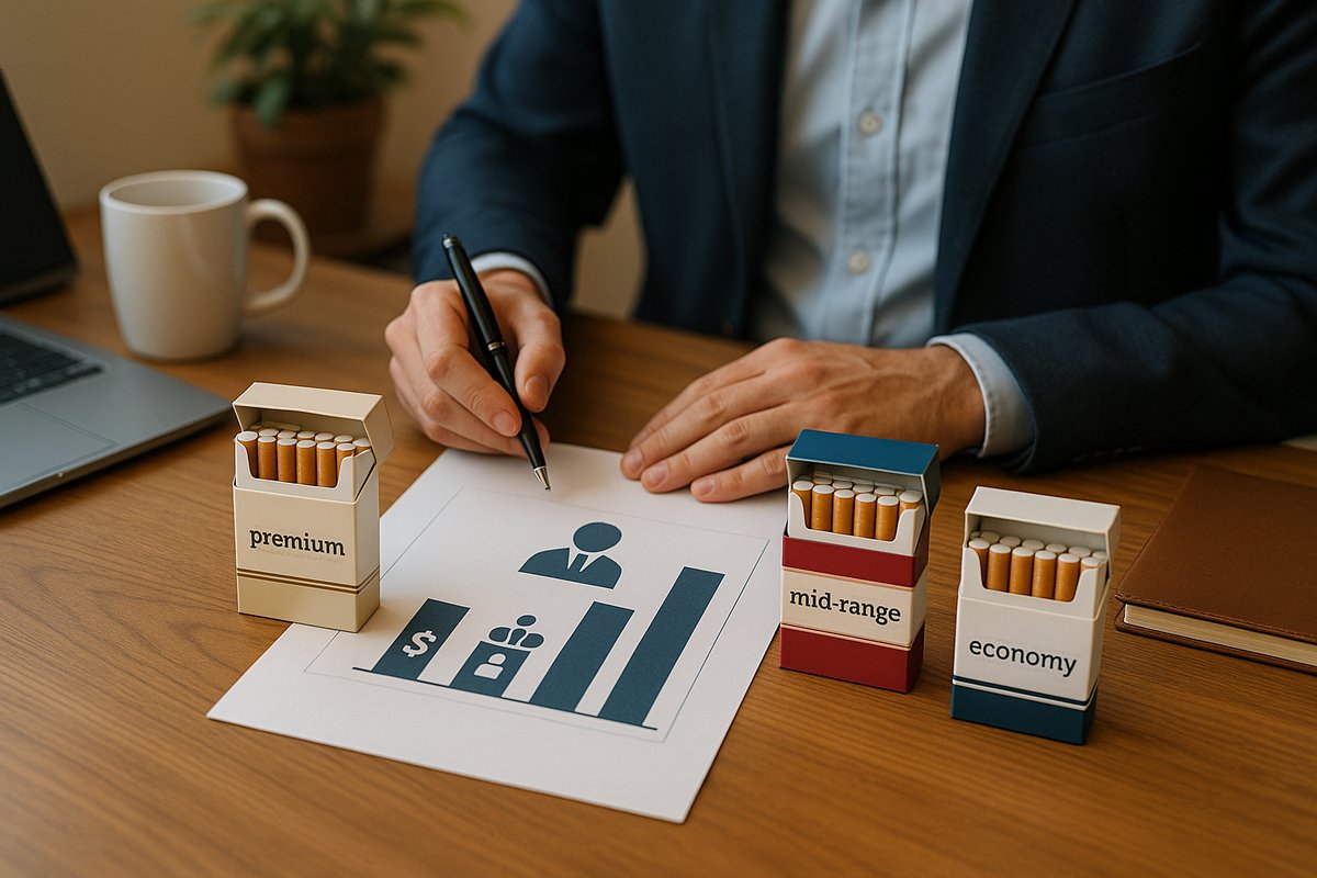 تصویر نیمهواقعگرایانه از قفسه فروشگاه دخانیات که در آن برندهای مختلف سیگار بر اساس تیپ مشتری چیده شدهاند؛ سیگارهای اقتصادی در دسترسترین نقطه برای مشتریان حساس به قیمت، برندهای میانرده در سطح دید چشم برای مشتریان ثابت با قدرت خرید متوسط و سیگارهای پرمیوم بهصورت محدود و جذاب در طبقه بالاتر برای مشتریان خاص؛ چیدمان استراتژیک برای افزایش فروش و انتخاب برند سودآورتر.