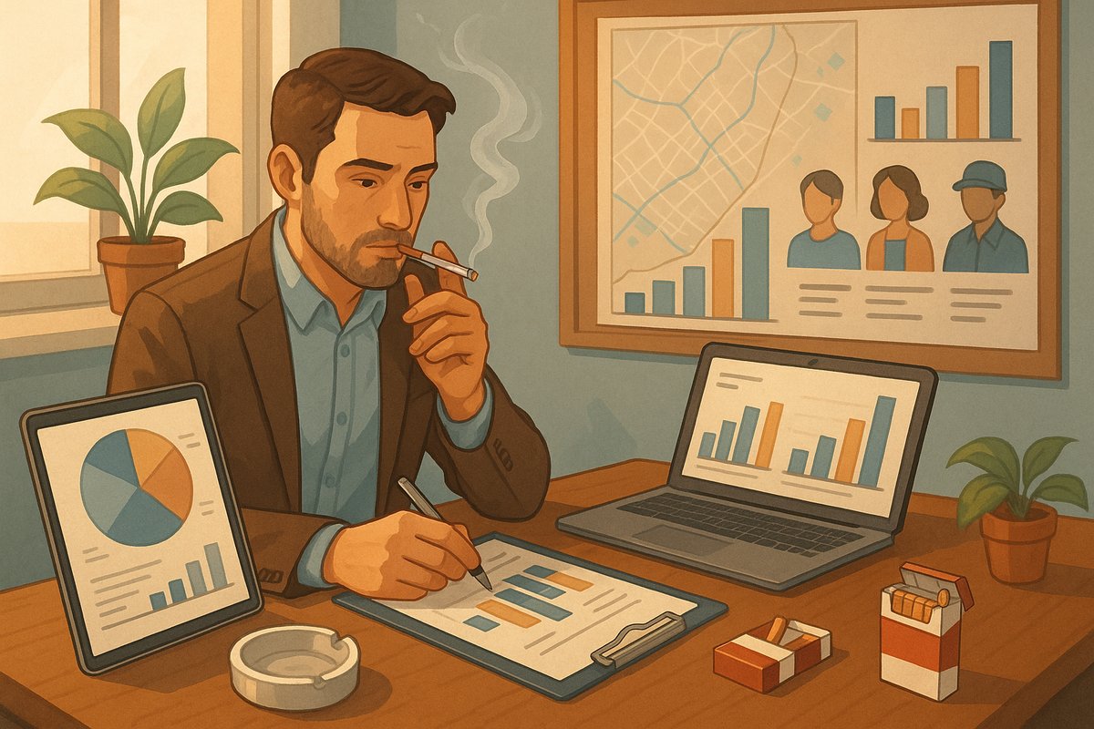 تصویر نیمهواقعگرایانه از صاحب سوپرمارکت که در حال بررسی گزارش فروش روزانه و هفتگی سیگار است و بر اساس تحلیل مشتریان محلی، سلیقه سیگاریها را بر اساس سن، شغل و قدرت خرید (کارگران، رانندگان، کارمندان و جوانان) دستهبندی میکند تا بهترین ترکیب انواع سیگار ارزان، سیگار کارتنی و برندهای خاص را برای قفسه سیگار سوپرمارکت انتخاب کند.